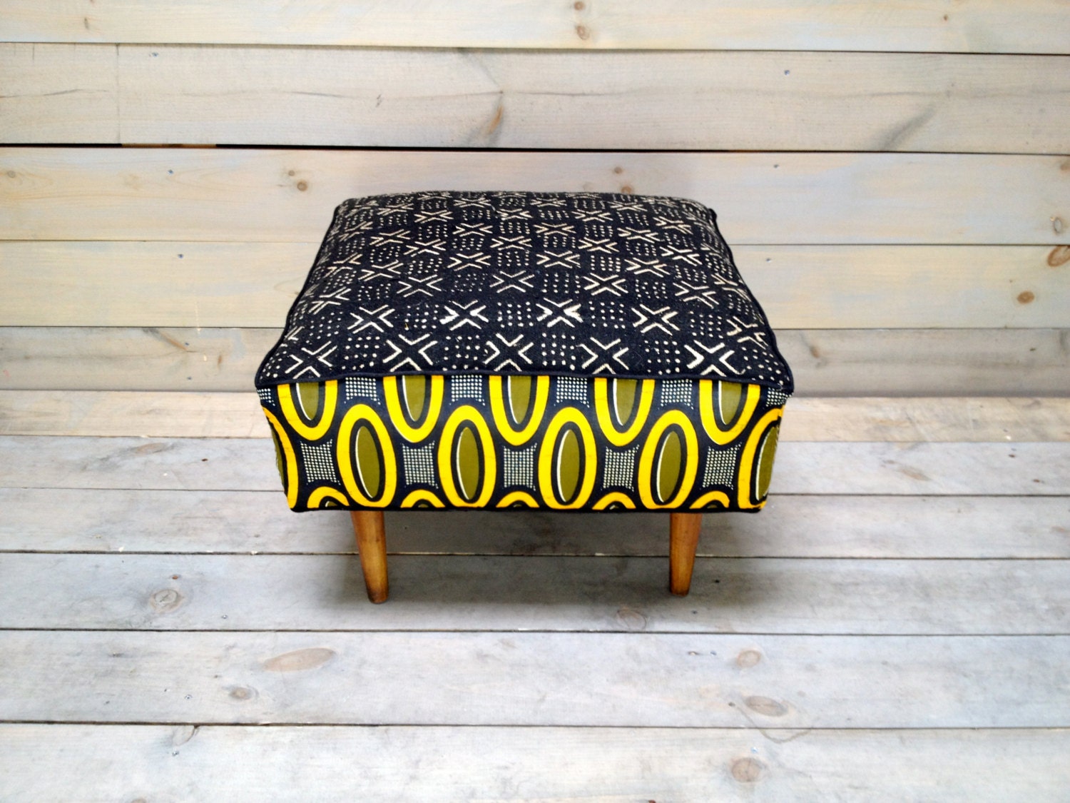 Mali Mudcloth and African Dutch Wax Cotton Upholstered Ottoman