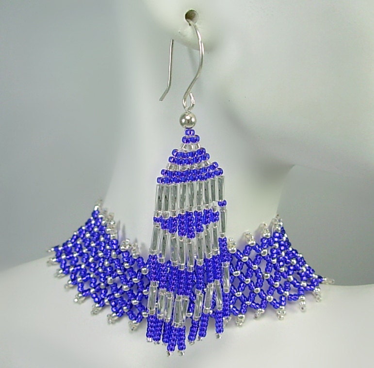 Beautiful Purple & Silver Netted Bead woven BRACELET Set, Fringe Earrings, Bridal, Prom, Mom's Day