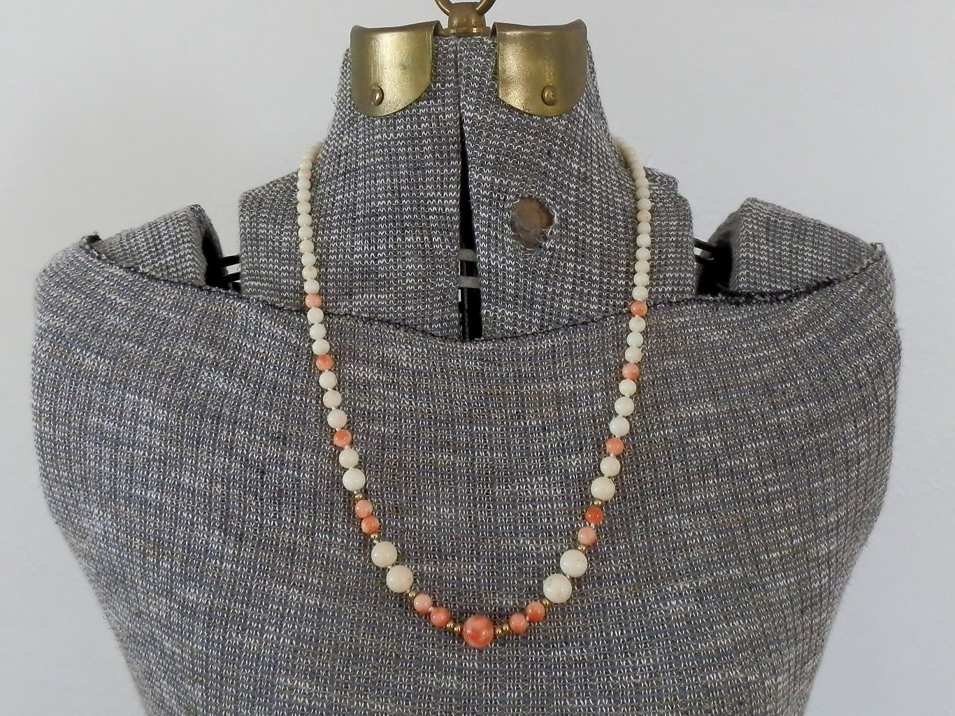 Angel Skin and White Coral Bead Necklace. Estate Piece.
