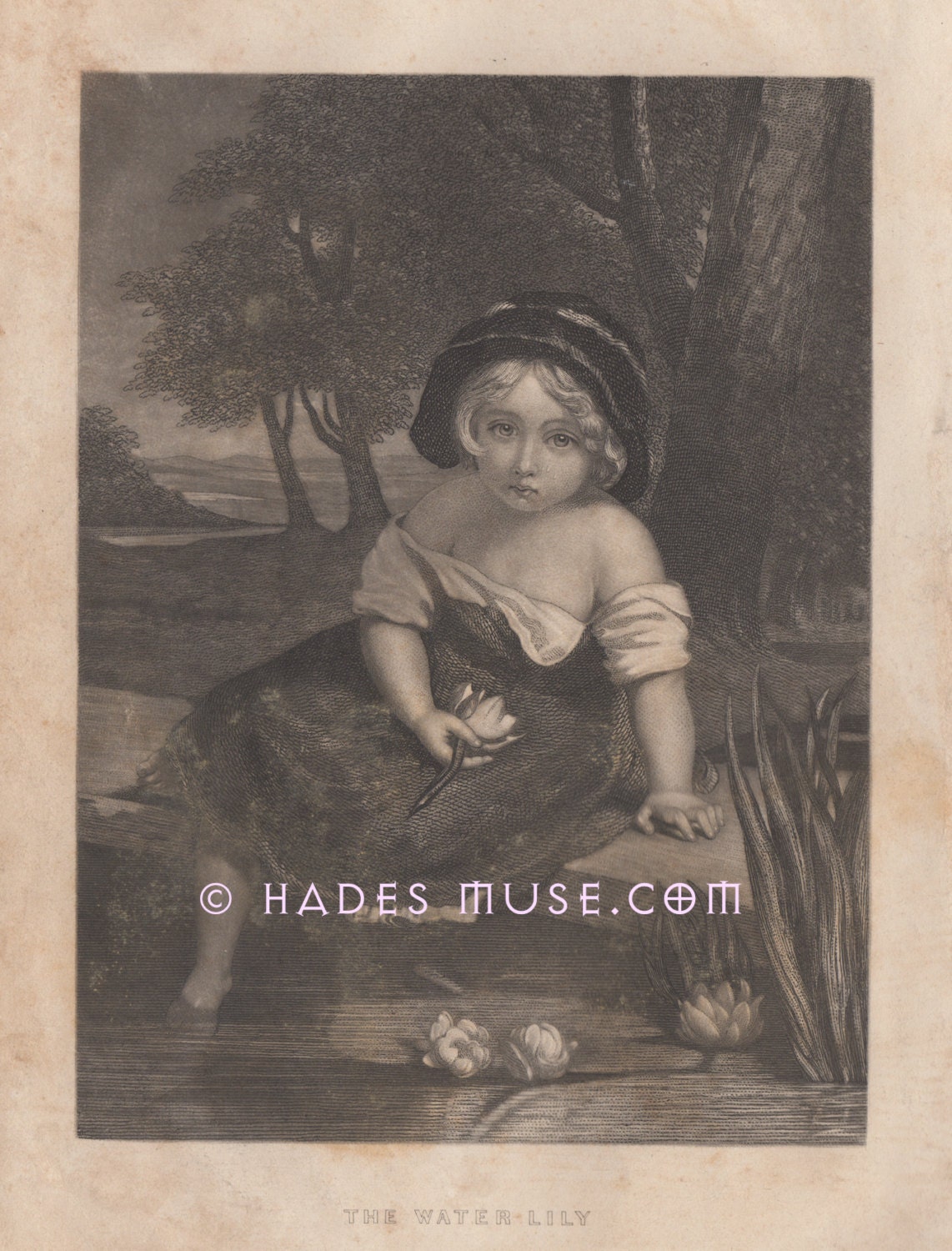 Haunting Victorian Child Holds Water Lily-Sad Little Girl-Flower-River-Plant-Lillies-Pond-Engraving-1858 Antique Vintage Art Print-Picture
