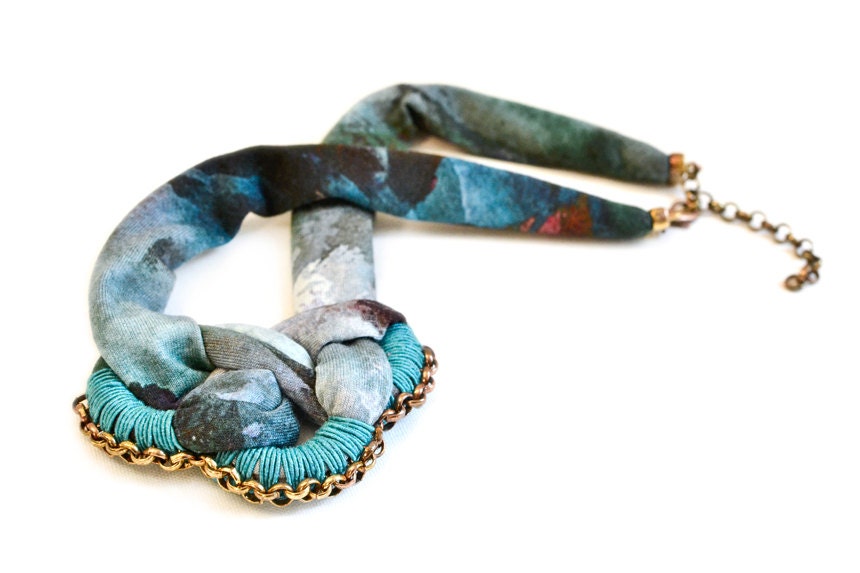 Ombre Statement Necklace, Dip Dye Fabric Necklace, Crochet Collier, Green Blue Emerald Copper