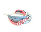 Tricolor Fabric Bracelet, Blue Mint Green Coral Apricot Jersey Bracelet, Silver Plated Chain