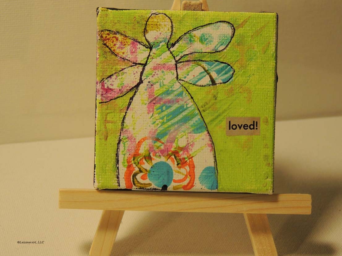 Original Mixed Media Bright Colorful  3 x 3 Mini Canvas Angel Love