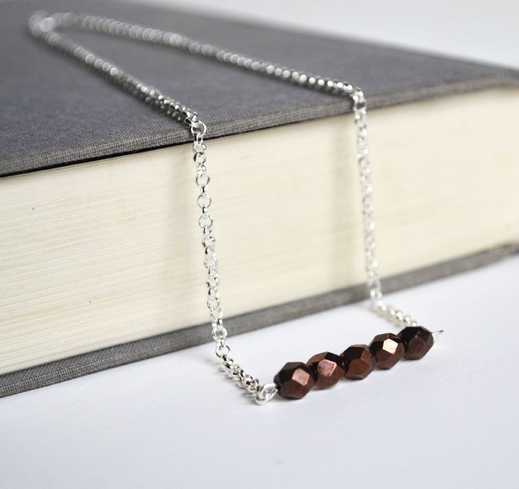 Expresso Brown Bar Necklace, Minimalist Metallic Czech Glass Necklace, Chocolate Brown with Metallic Shine,Canadian Shop