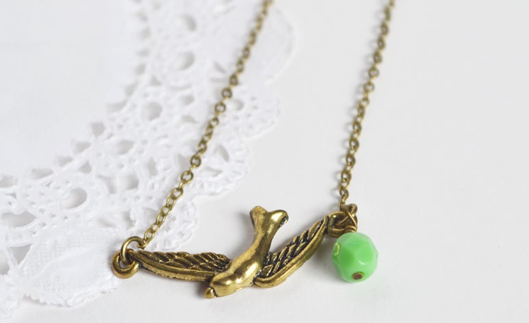 Flying Bird Necklace, Gold Colored Bird Jewelry, Green Czech Glass Bead and Sparrow, Canadian Jewelry
