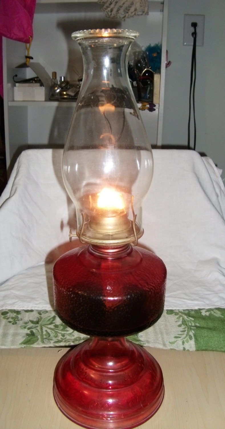 Vintage Ruby Glass Hurricane Oil Lamp with Eagle Burner 18 1/2" Tall Works Great Only 38 USD