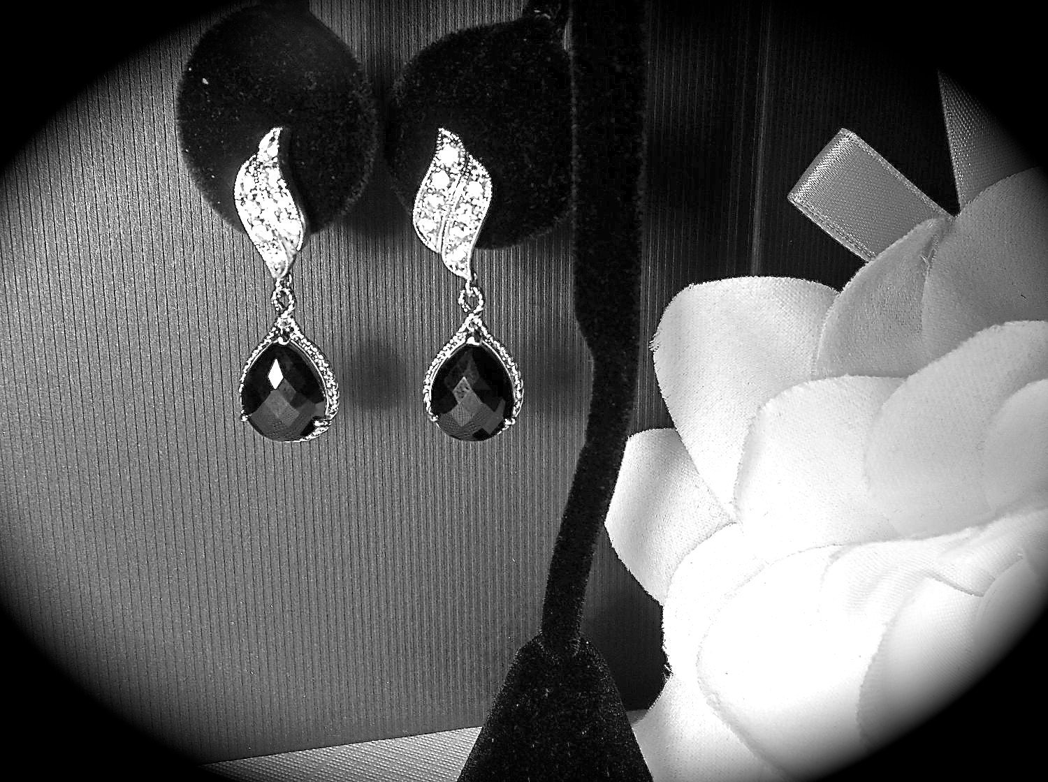 Black and Silver Earrings - Jet - Teardrops - Beautiful Crystal Wave earposts - Formal Jewelry -