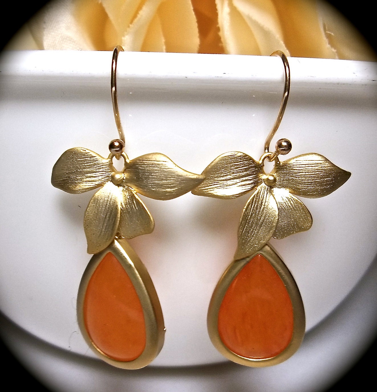 Gold filled Earrings with ORANGE dyed Jade stone and a gold wild orchid flower- Beautiful Jewelry -