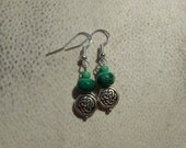 Jenny. Celtic Knot Beaded Dangle Earrings. Simple. Leaf Green, Silver Beads, Silver.