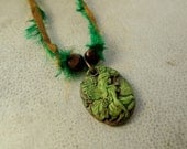 Forest Faerie Necklace. Painted Polymer Clay, Recycled Sari Silk Ribbon. Brown, Green, Yellow. Fantasy, Fairy, Hippie.