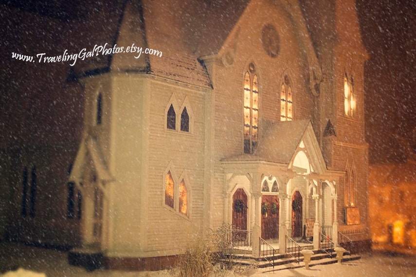 Travel photography ivory cream gold white dreamy fairytale New England winter church snow night lights 11x14 fine art photo