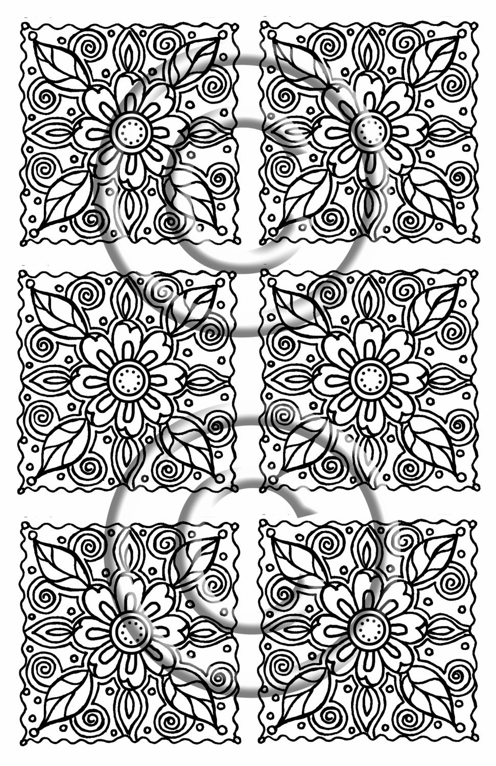 Instant Download Hand Drawn Black & White "Flower Collage Abstract Squares" Sizeable Zentangle Inspired Squares Zendoodle Flowers By Kat