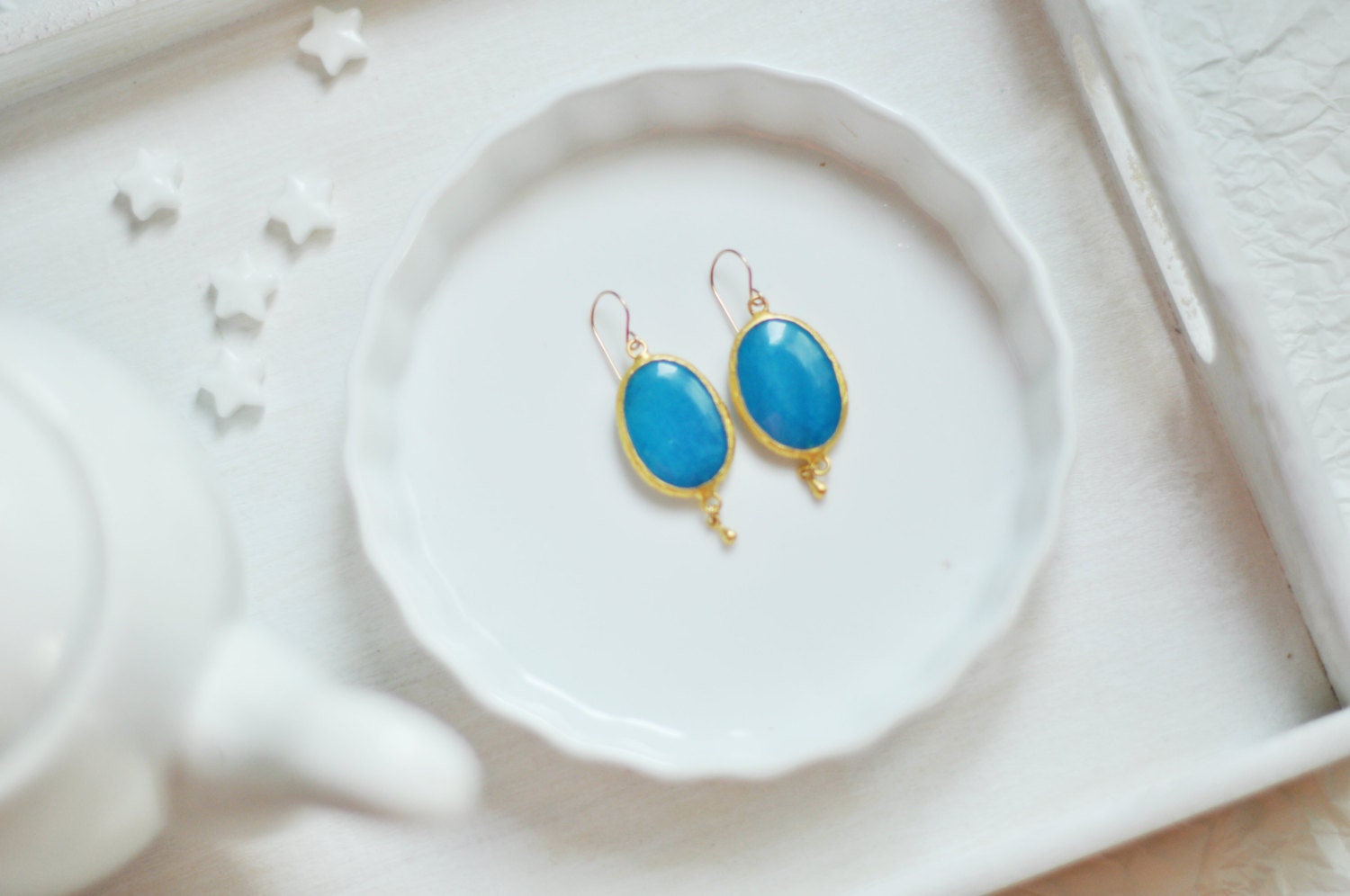 bridal earrings gemstone earrings LARGE bold earrings turquoise sky blue jade stone textured gold frame statment earrings israel