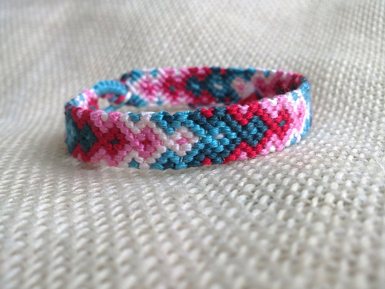 Friendship Bracelet - Red, Pink, White and Teal Arrow Pattern