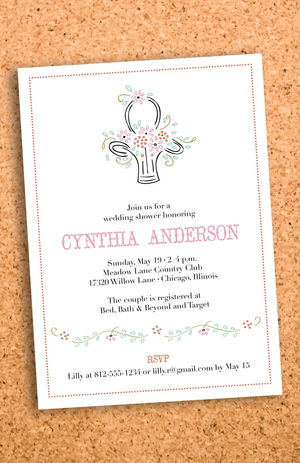 rustic vintage floral wedding shower invitation custom printable-- digital file 5x7