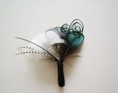 Wedding Boutonnieres - Feather Boutineers - Groom's Boutineers, Ivory, Green and Brown Feather Boutonniere - Groomsmen Wedding Boutineers