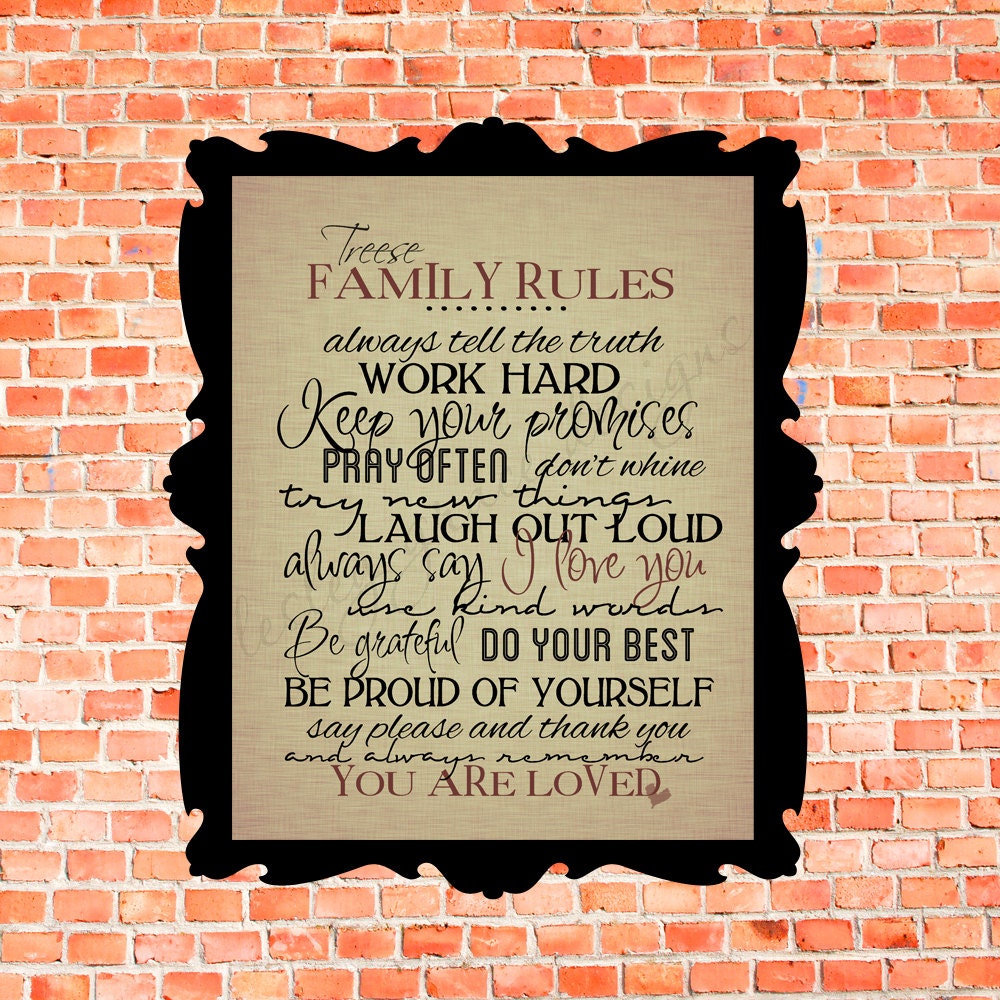 Family Rules with YOUR NAME... Typography Art, 11x14 or 8x10