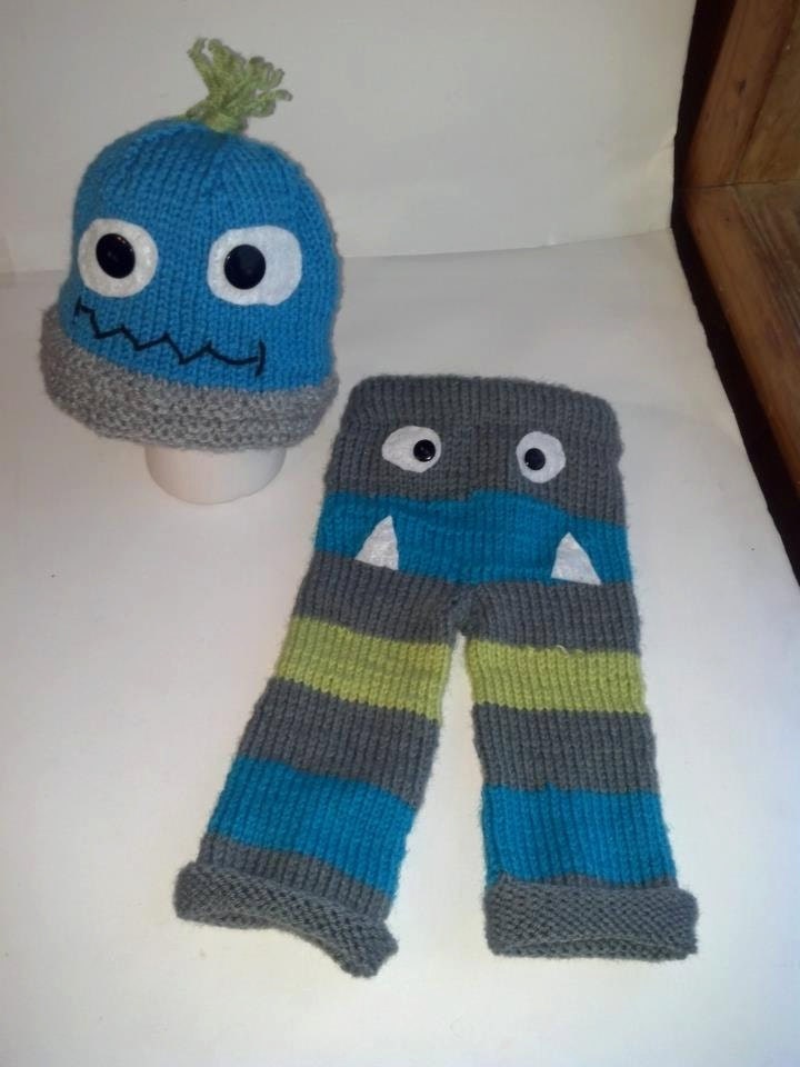 Monster Hat and Knit Pant Set - Newborn - 6 months Size - Blue, Lime Green, and Gray