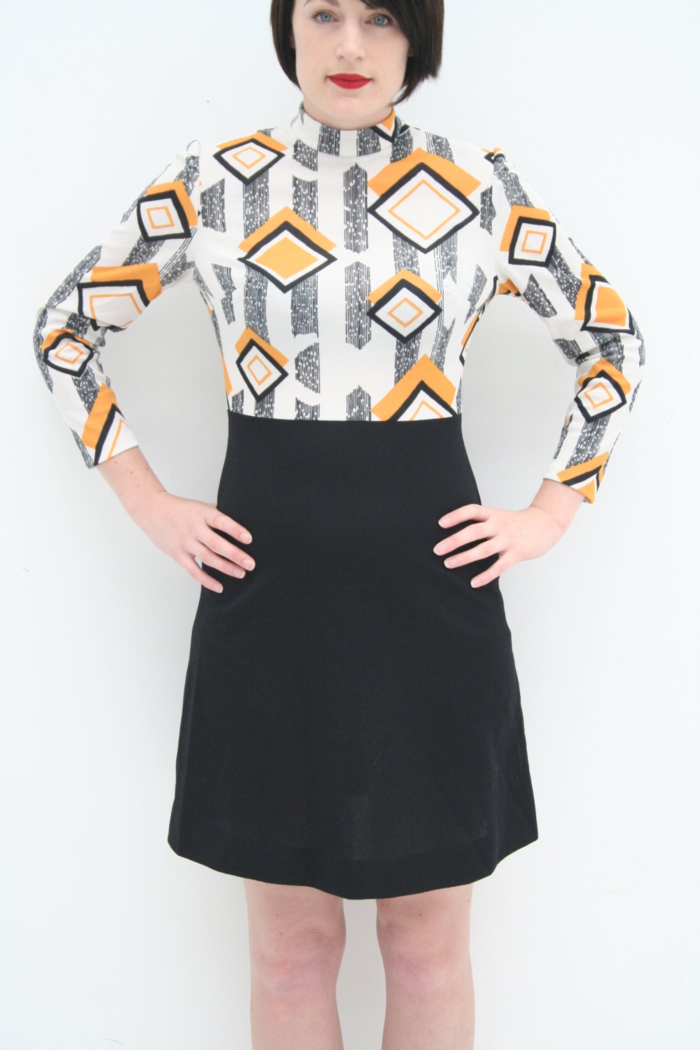 1960's Diamond Pattern, Mustard Yellow, Black and White Knee Length Dress