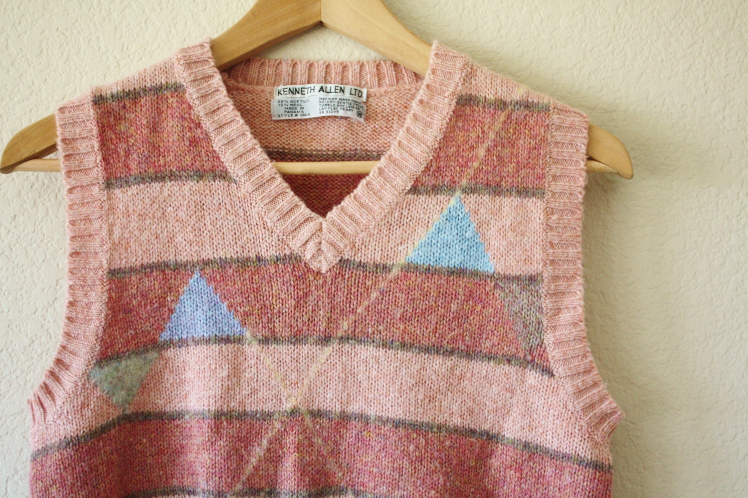 Vintage 1980s Faded Light Pink Striped Geometric Shape Triangle Sweater Vest