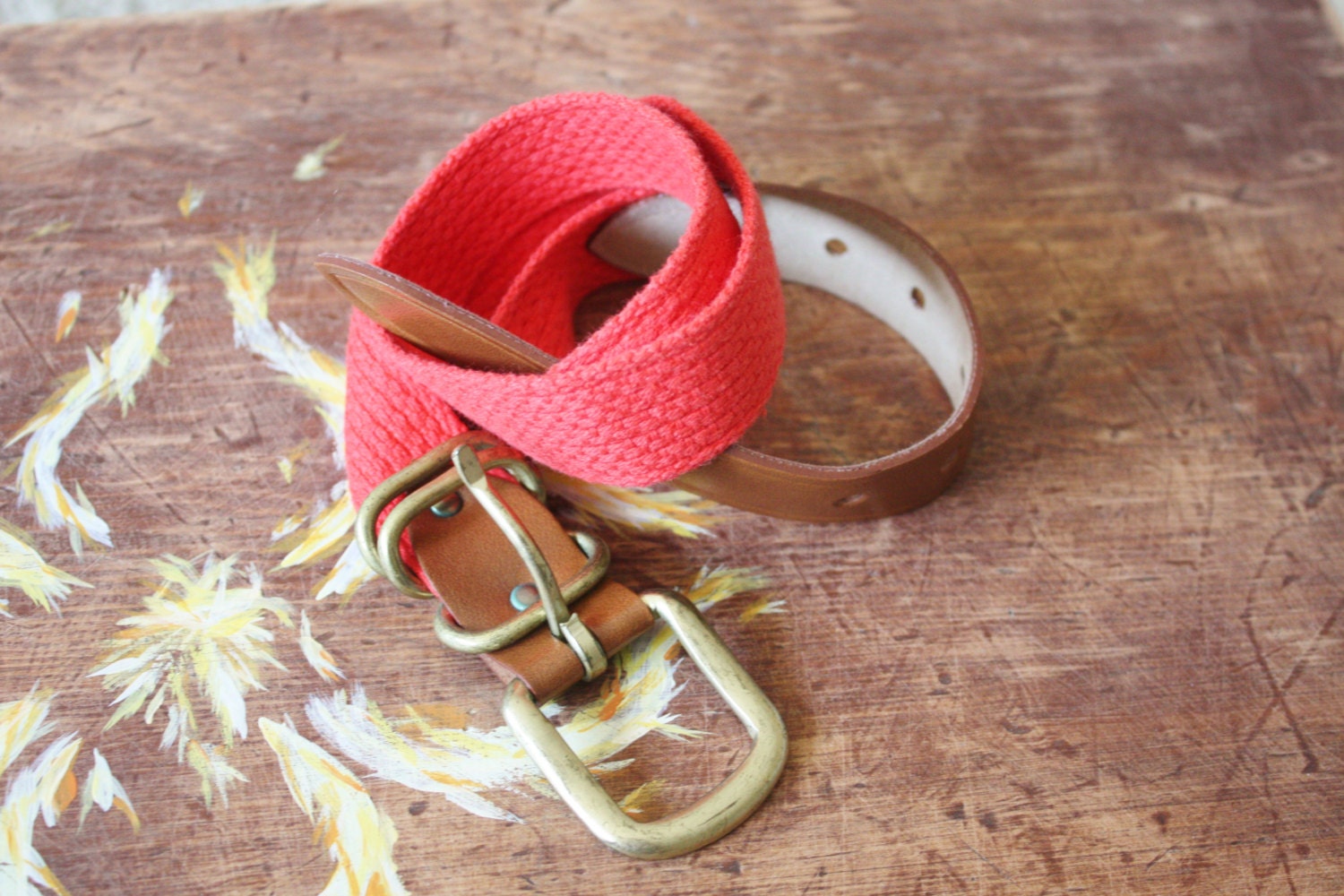 Vintage 1970's Coral Pink Orange Cotton Skinny Waist Belt with Brass Accents