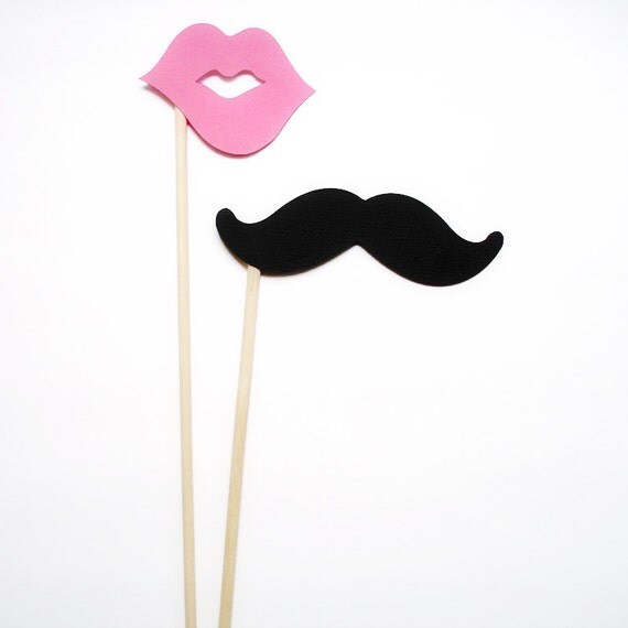 Mustache and Lips on a Stick Photo Booth Prop Set of 12 Black Mustaches and Pink Lips - READY TO SHIP Il_570xn