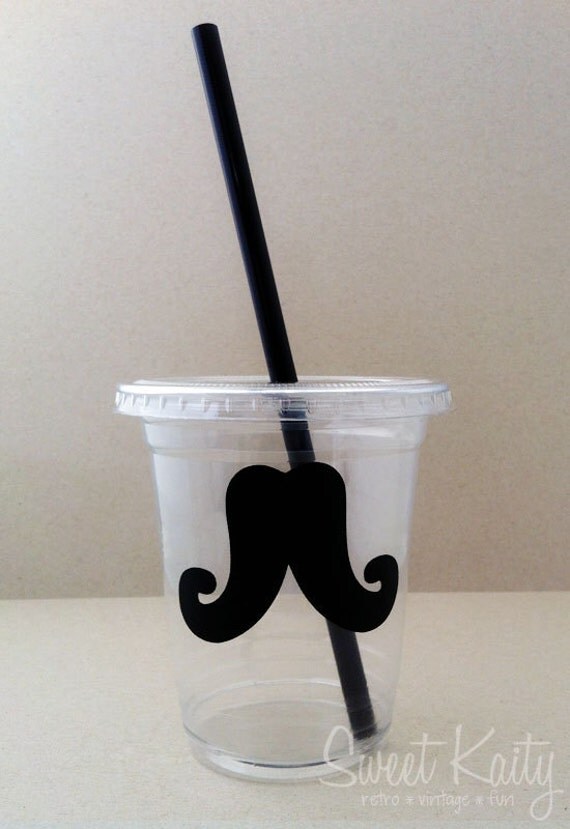 24 Black Mustache Disposable Party Cups, Lids & Plastic Straws - Mustache Bash - Little Man Party - 12 oz or 16 oz Il_570xn