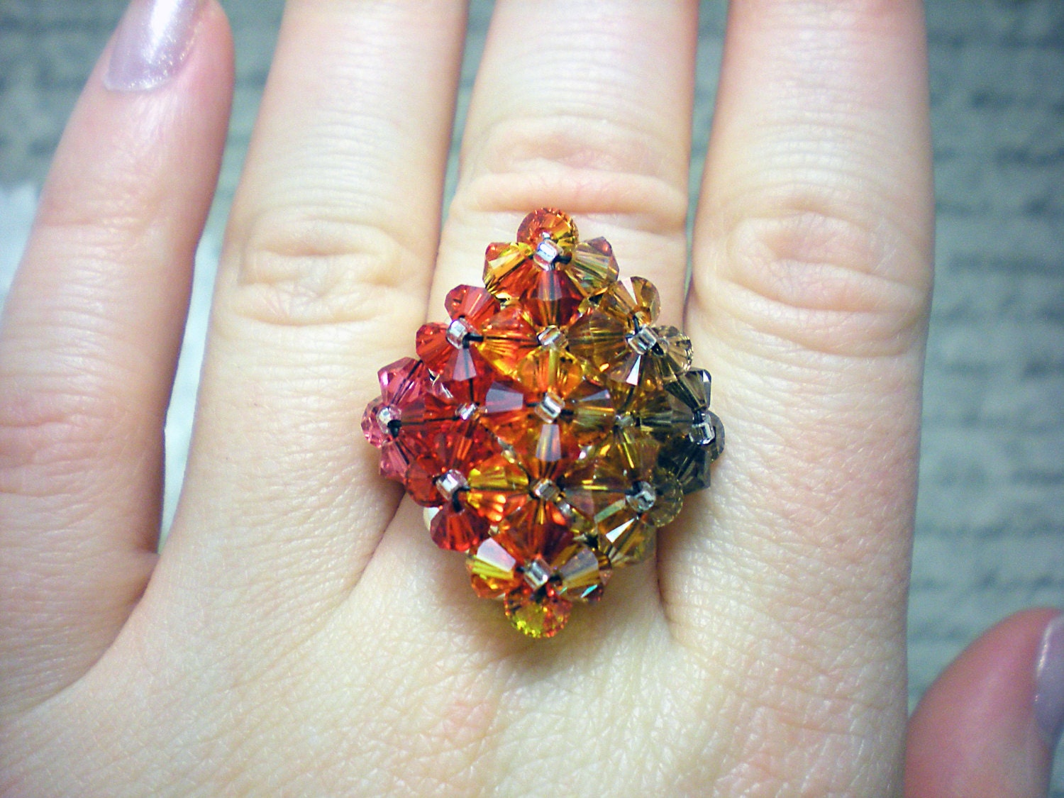 The Elizabeth- Indian Pink, Fire Opal and Topaz Gradient Swarovski Crystal PIllow Top Diamond Cocktail Stretch Ring