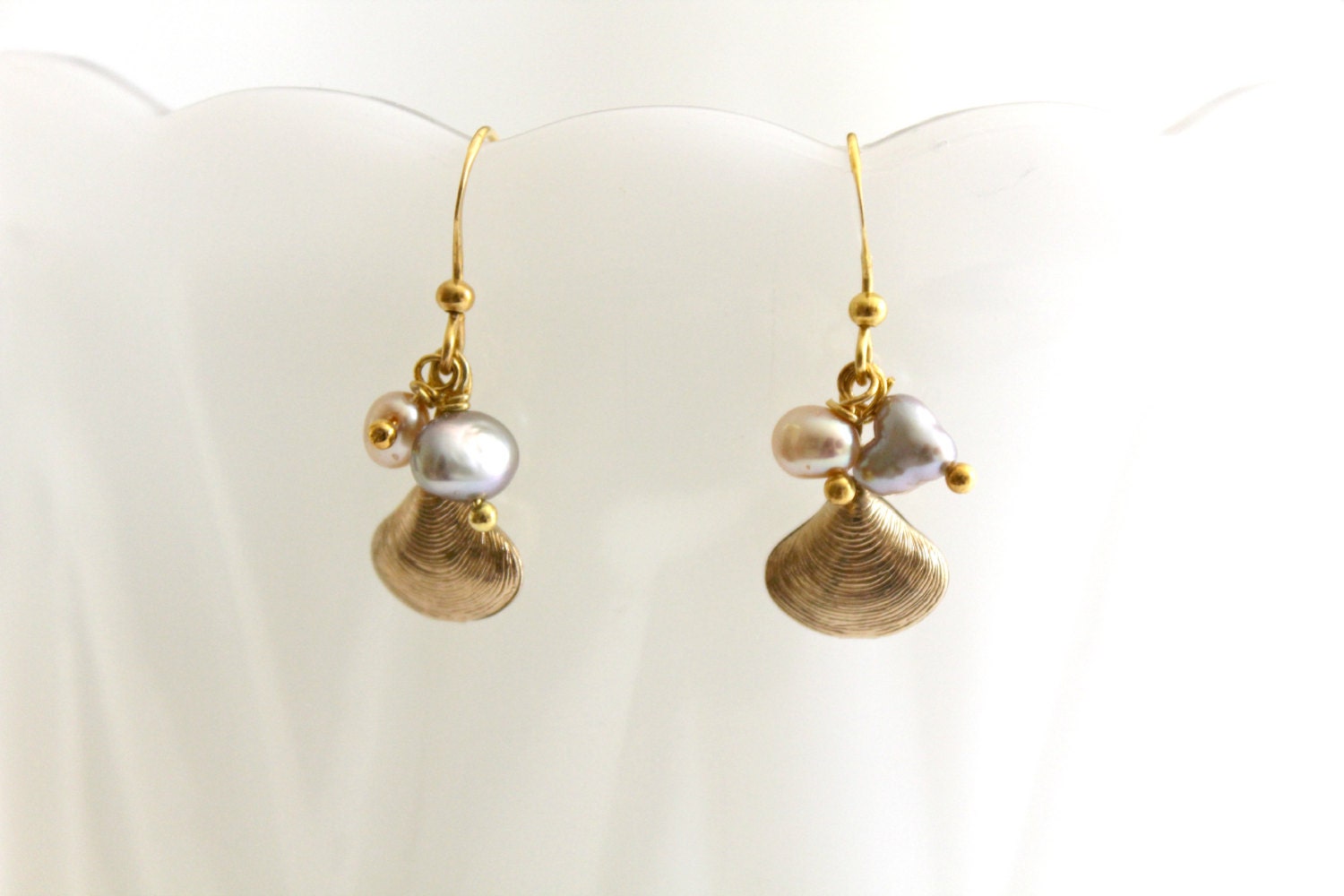 Freshwater Pearl Earrings, Gold, Seashell charm