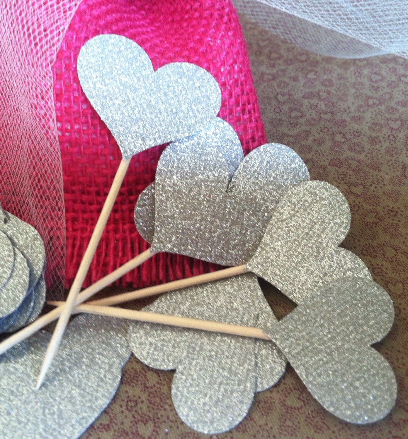 12 Sparkling SILVER HEARTS Cupcake Toppers Wedding Cake Decorations