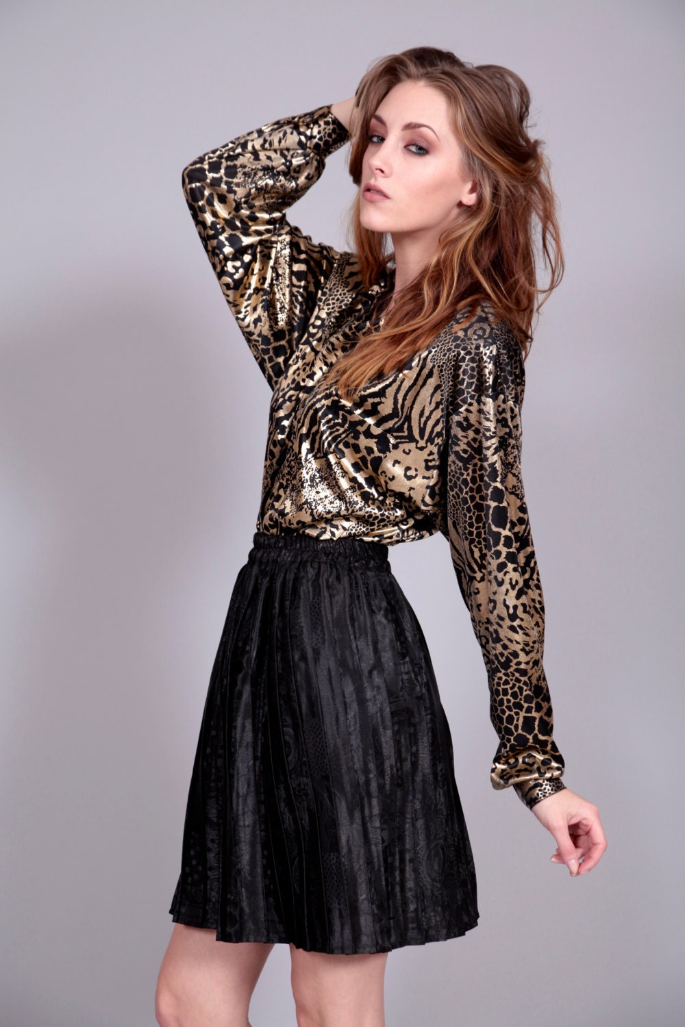 Vintage Silky Metallic Gold & Black Wild Animal Print Button Down Blouse