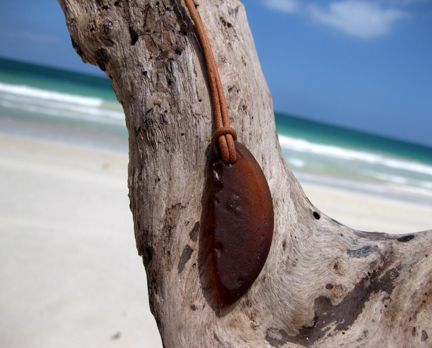 Hawaiian Beautiful Amber Brown Bottle Bottom Beach Glass on India Leather Cord Necklace