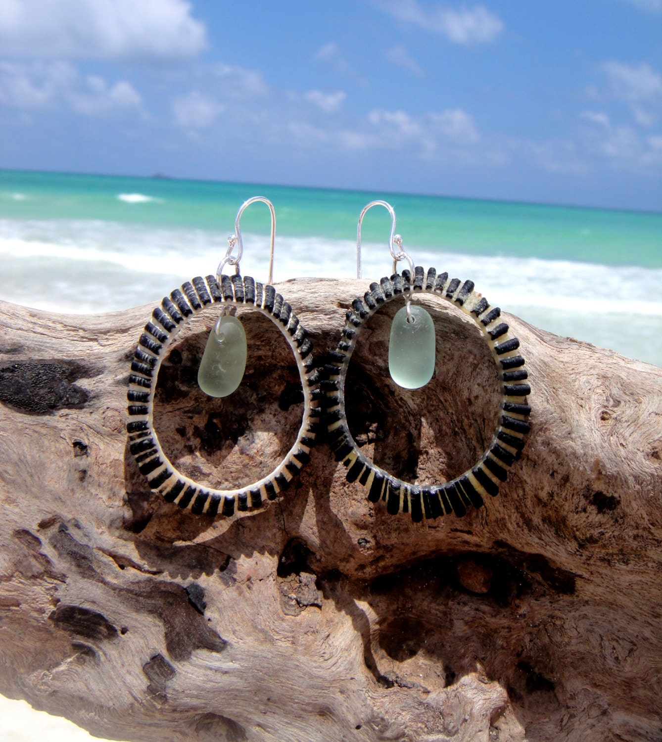 Hawaiian Hand Carved Opihi Shells with Aqua Beach Glass Mermaids Tears on 925 Sterling Silver Wire Small Circular Hoop Earrings