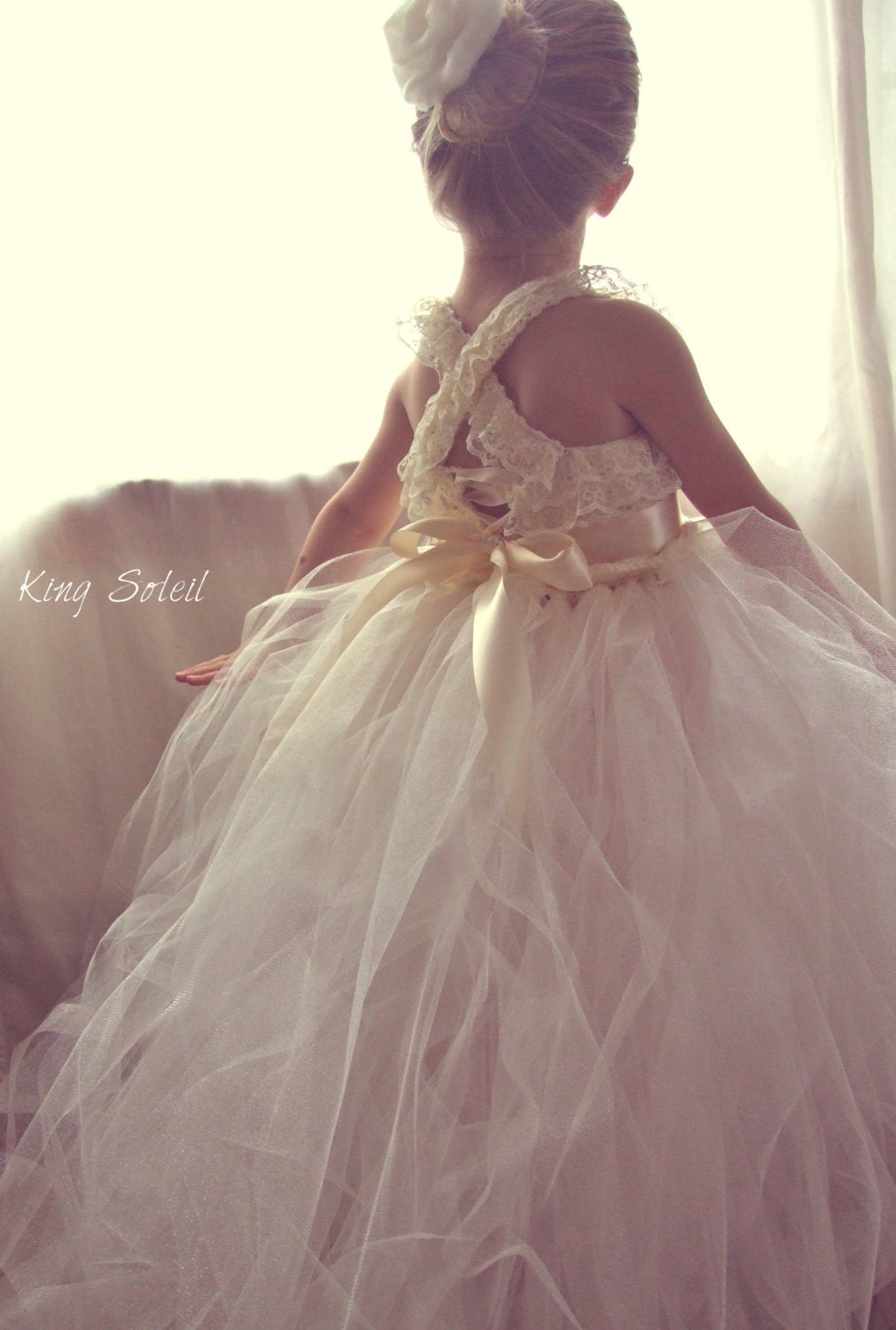 Flower Girl Dress Lace and Tulle Tutu Crochet Bodice Satin Sash Vintage Ivory Infant to Toddler Size 4