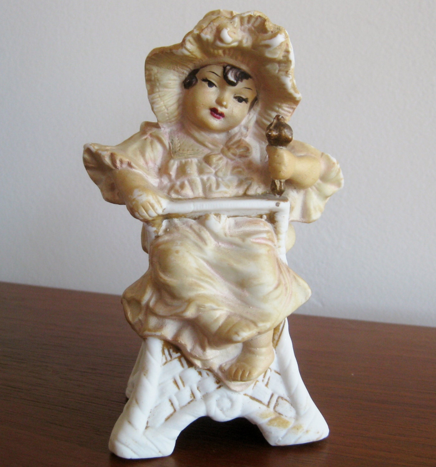 Antique German Porcelain Bisque Baby in High Chair Piano Baby Figurine
