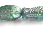 Set of 4 Czech Glass Fish Beads Green and Silver Double Sided 20mm