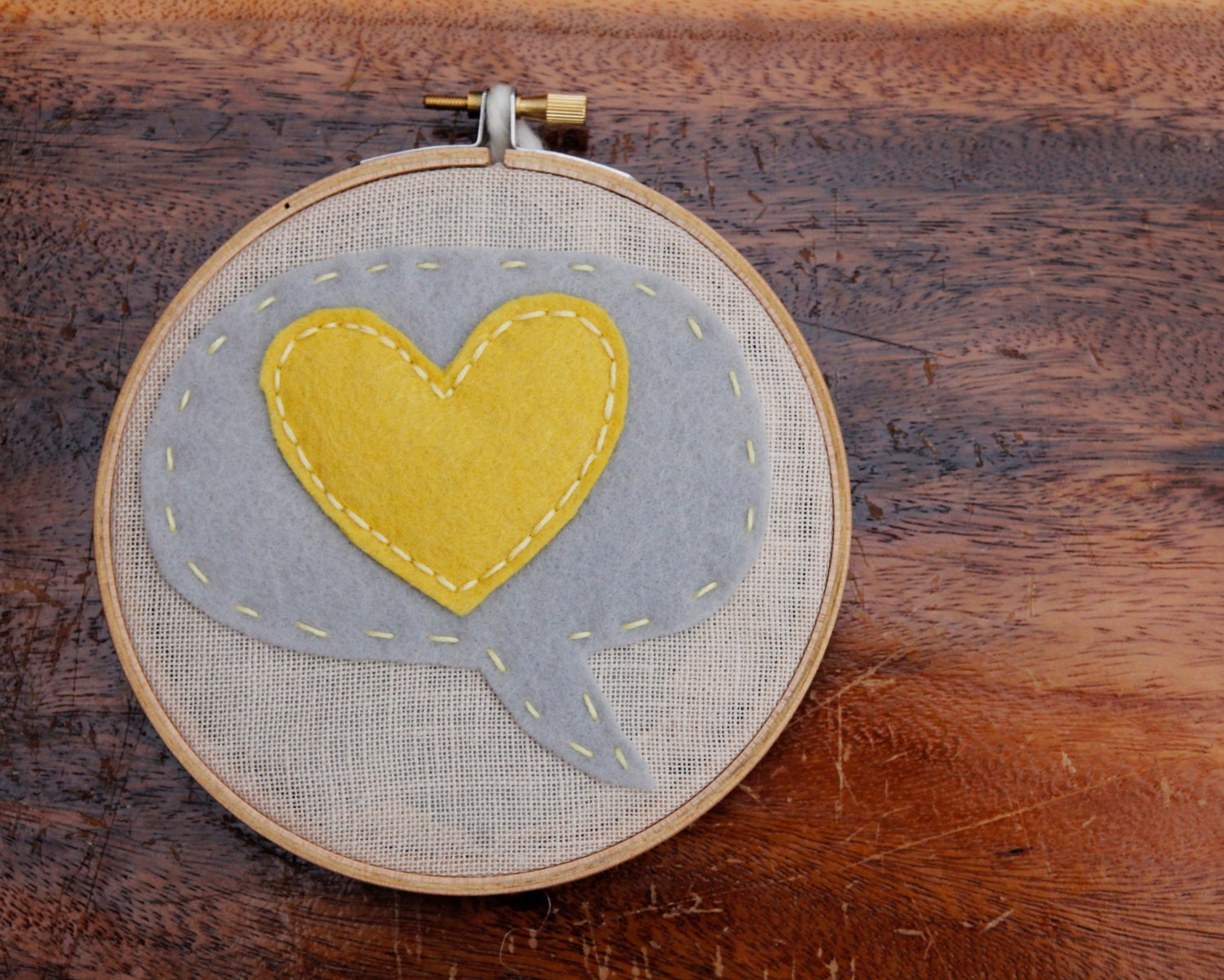 Embroidery Hoop Art. Yellow Heart in Speech Bubble. Wall Decor by Catshy Crafts