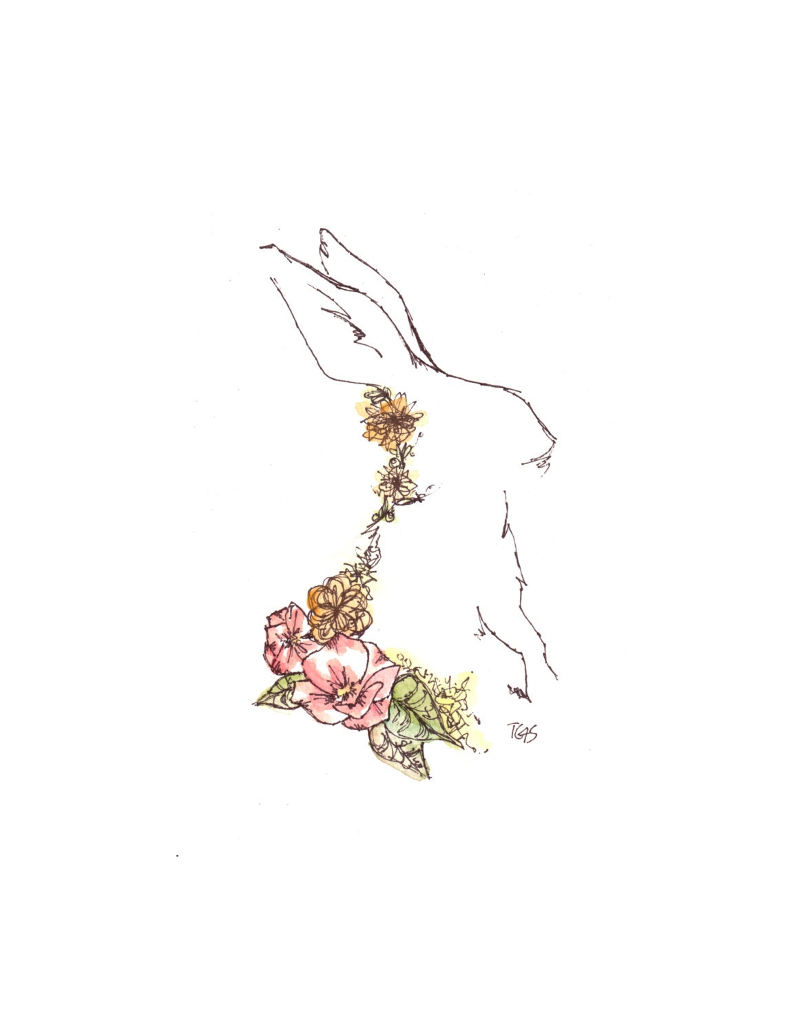White Rabbit Watercolor and Ink Floral Giclee Print - White Rabbit - 5 x 7