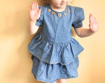 vtg denim ruffle toddler dress, wood and animal print buttons, puffy sleeves, 3-4 t