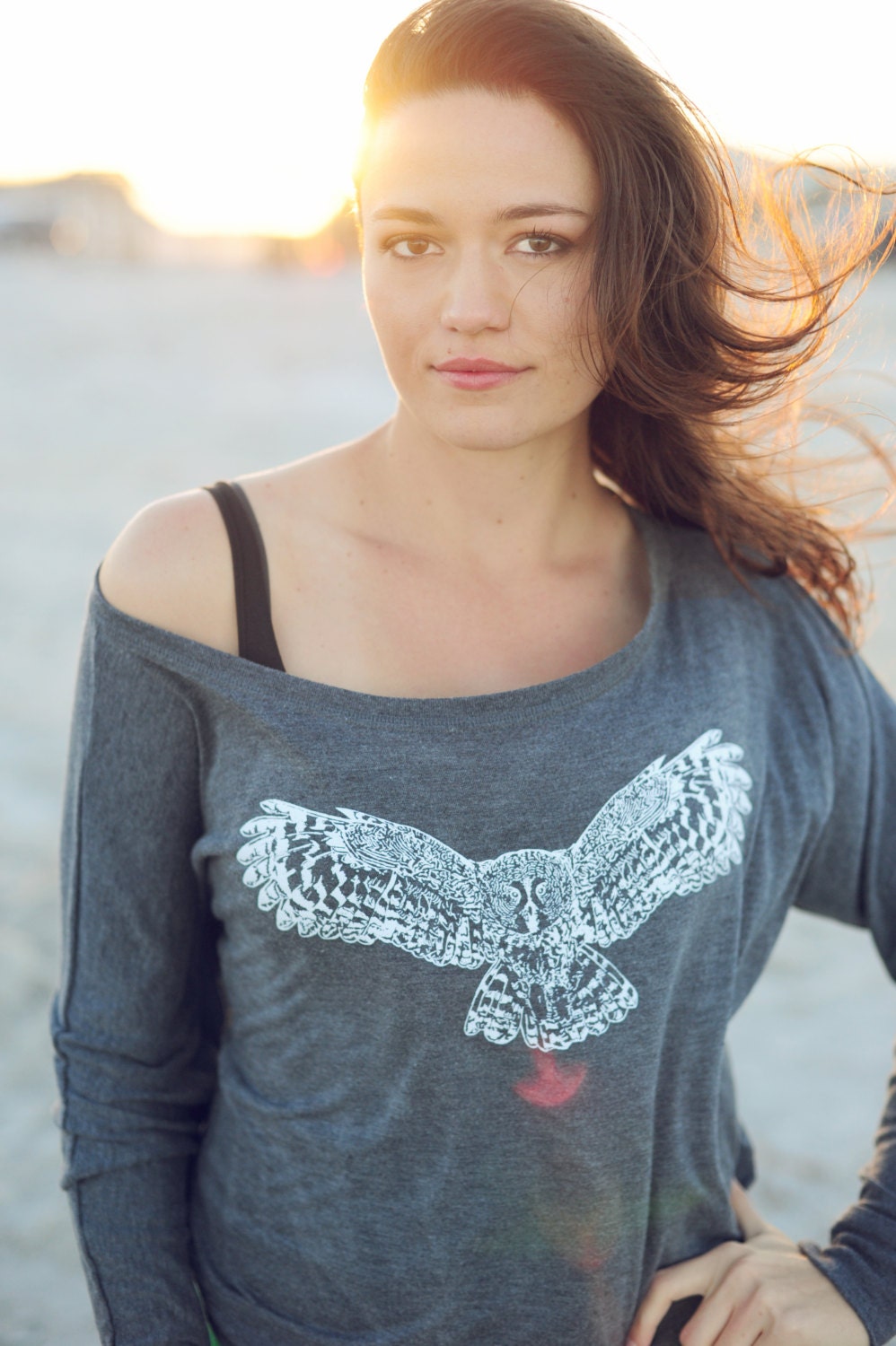 white owl sketch screenprint.... .flowy off shoulder dolman longsleeve tee charcoal heather grey