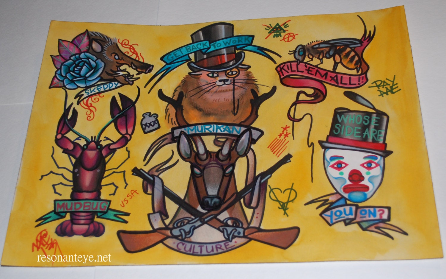Murican culture: hand-painted tattoo flash, 11x14, tattoo art, mudbug, crawdad, sketti, guns, merica