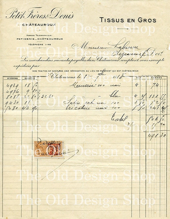 VINTAGE FRENCH INVOICE 1-7-1918 Digital Collage Sheet for Cardmaking Scrapbooking Altered Art Mixed Media
