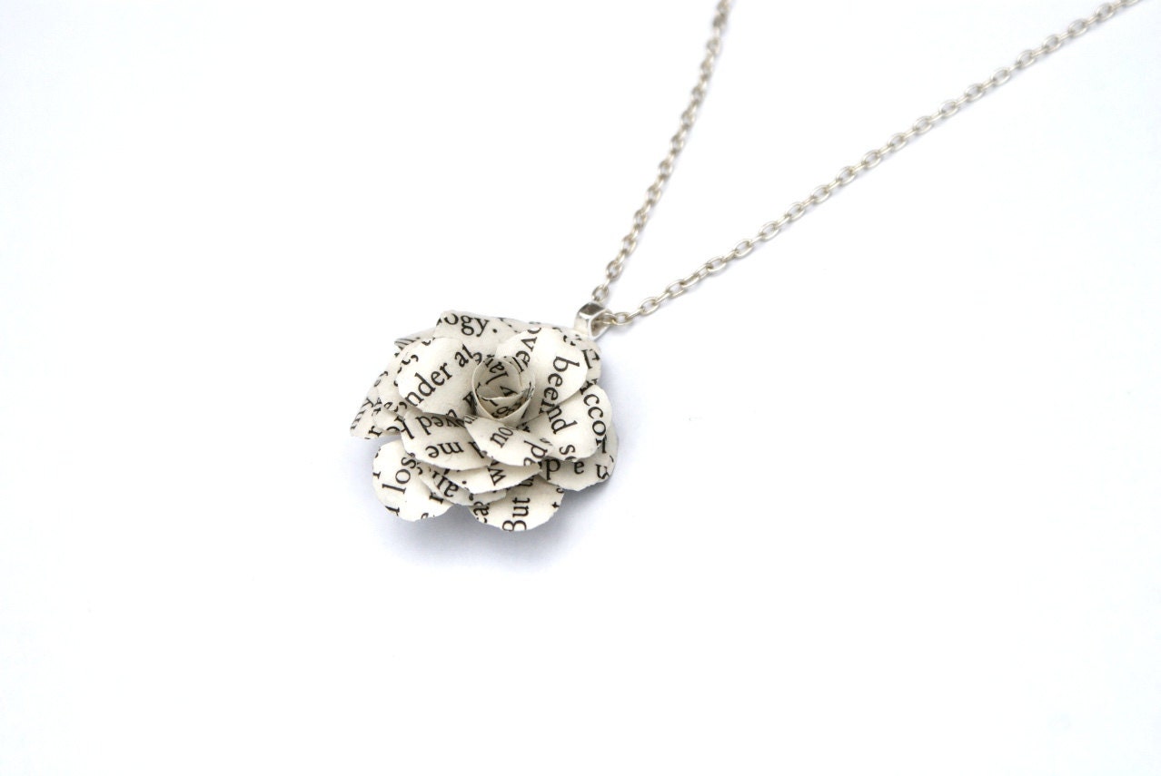 Book Page Flower Necklace - 1 inch flower made from the pages of a book set on a 16 inch chain