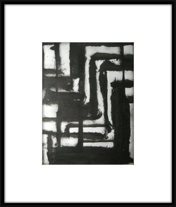 A3 Black and White OOAK Contemporary Original Abstract Ink Wash Painting 11.7x16.5 " Horses"