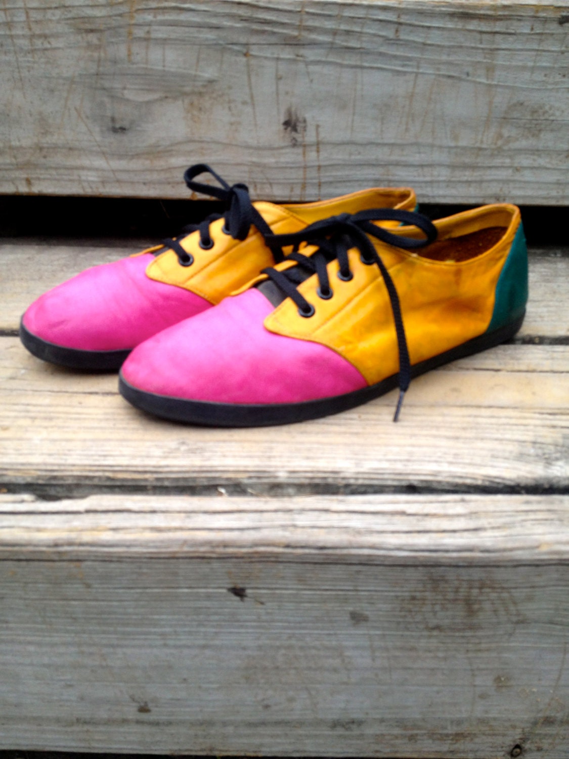 Vintage 80s Pink, Yellow, Green Colorblock Tennis Shoe Flats Size 7.5
