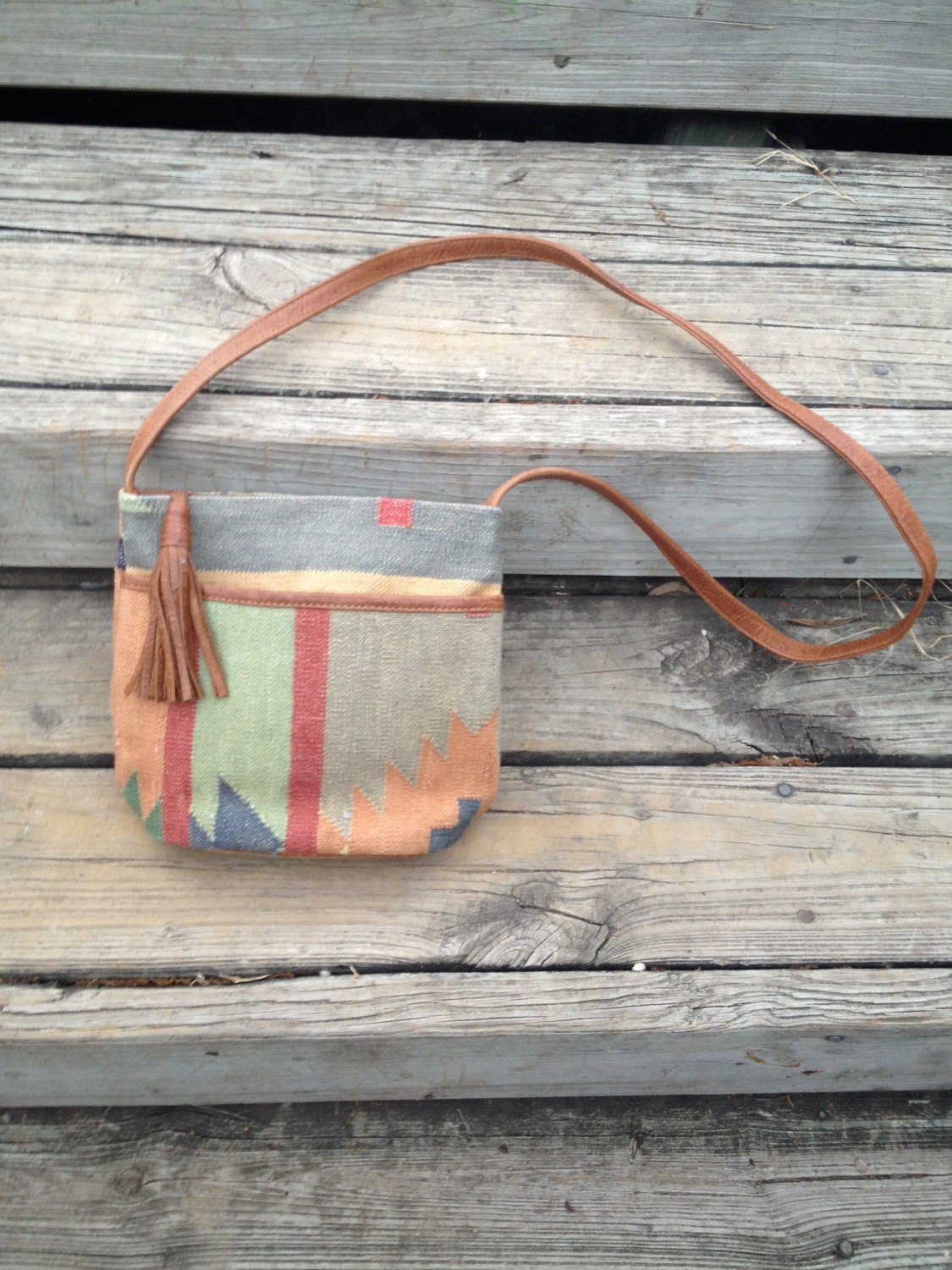 Vintage Colorful Aztec Boho Crossbody Purse with Leather Strap