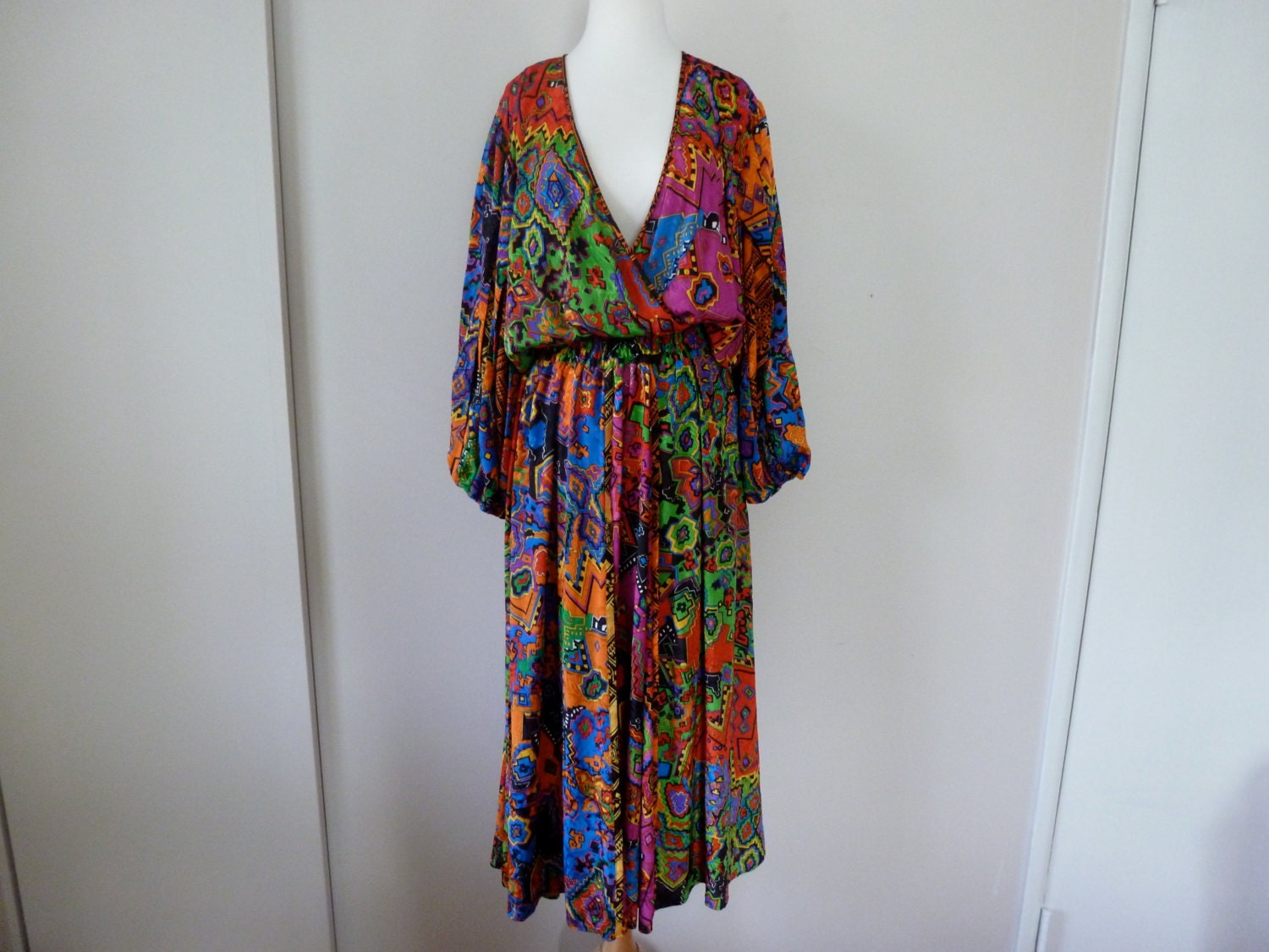 80's Diane Freis Southwestern Native American Gypsy Boho Ethnic Print Dress M L XL