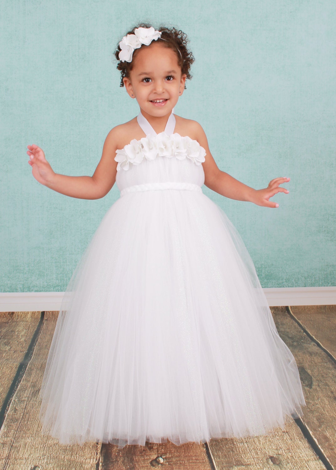 Flower Girl Tutu Dress - White - Star Dust - 5-6 Youth Girl - Cutie Patootie Designz Il_570xn