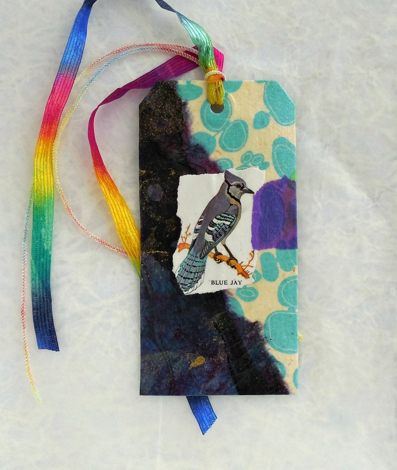 BLUE JAY - Original Collage Book Mark, Art Tag, Bird, Torn Paper Tag, Blue, Violet