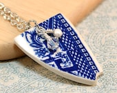 Upcycled Vintage Pottery Necklace - Blue Willow Pattern Painted Ceramic Shard, Swarovski Crystal & Freshwater Pearl Accents
